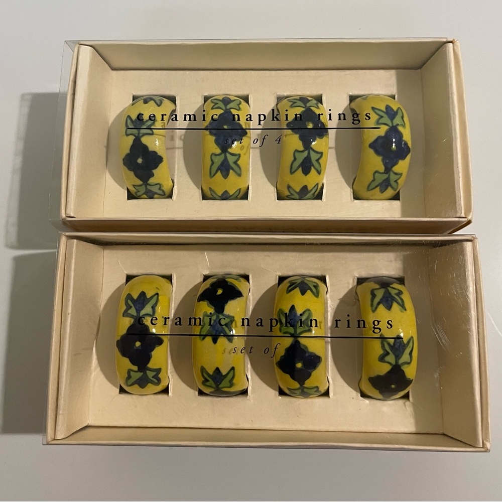 Pier 1 Ceramic Napkin Rings Yellow Blue Floral Handpainted Cottagecore Lot 8